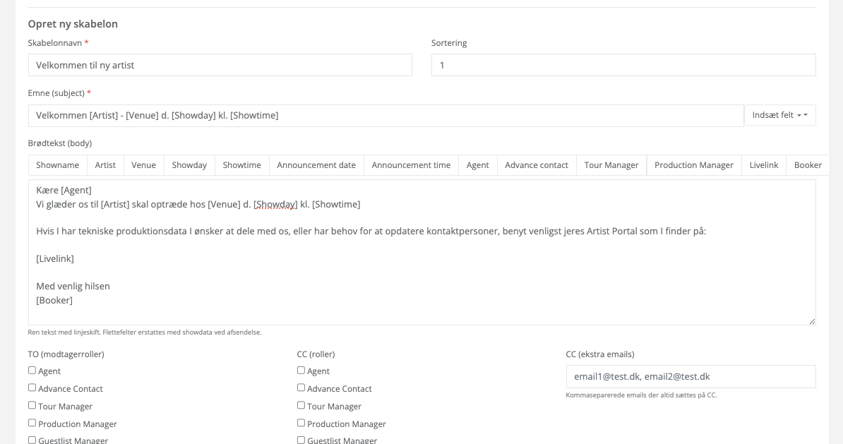 Mailskabeloner: Forudfyldte mails til artist, agent og tourmanager – direkte fra showets egen data