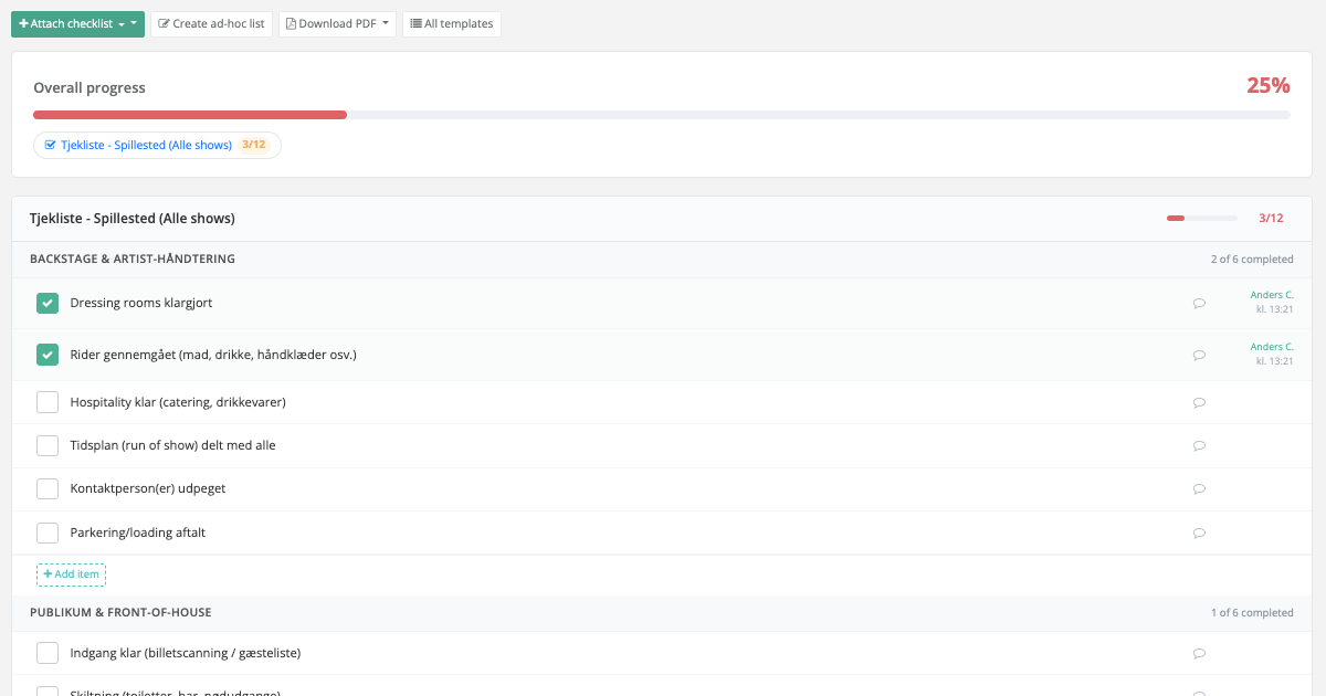 Tjeklister: Faste rutiner, live afkrydsning og dokumentation for hvert show